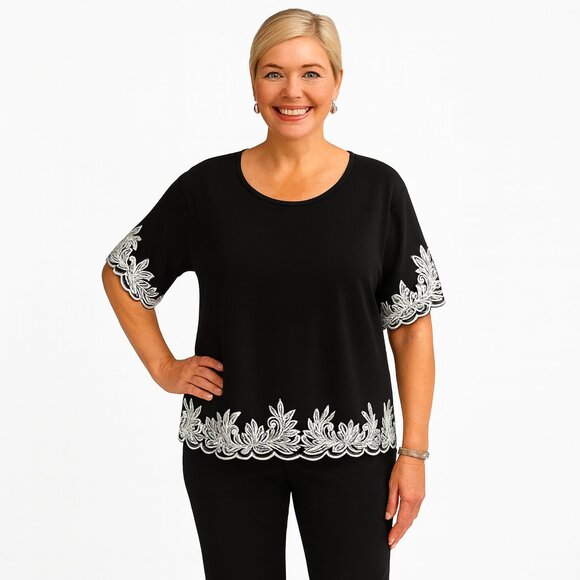 Alfred Dunner Petite Black & White Trim Top - Picture 1 of 8